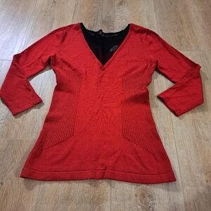 Cache Cherry Red Black V-Neck Sweater Ribbed Sides Sheer Center Women's Small